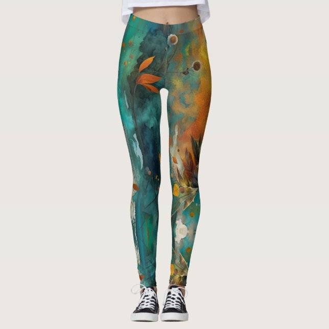 Legging Autumn Harvest Teal Rust Abstrato Dourado (Frente)