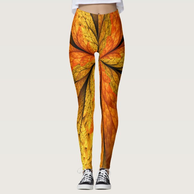 Legging Autumn Plant, Modern Abstrato Fractal Art Leaf (Frente)