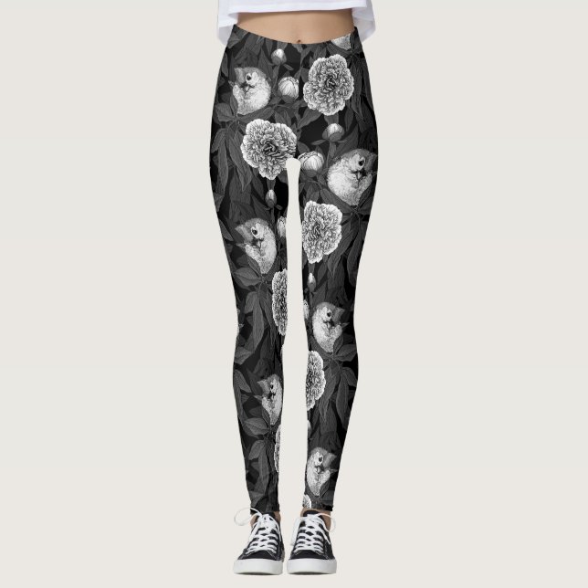 Legging Aves e flores de peônia monocromáticas, cinzas (Frente)