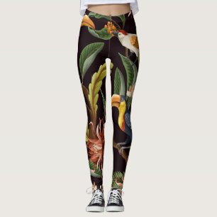 Legging Aves Tropicais: Folhas Vintage e Flores