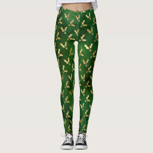 Legging Azevinho de Natal de Inverno Festivo Verde e Doura