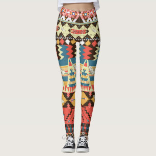 Legging Aztec colorido: pássaros, padrão de flores.