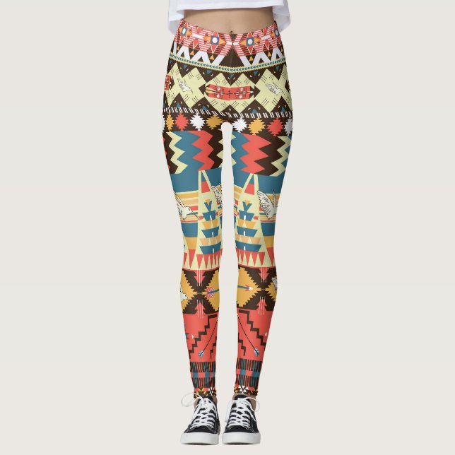 Legging Aztec colorido: pássaros, padrão de flores. (Frente)