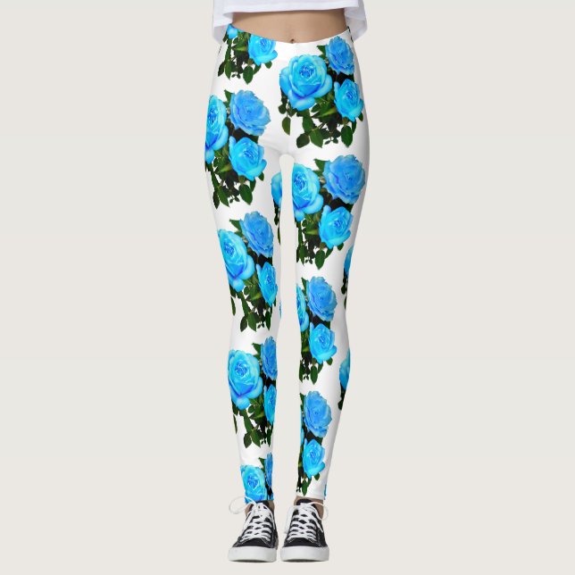 Legging Azul-branco Elegante rosas azuis-florais (Frente)