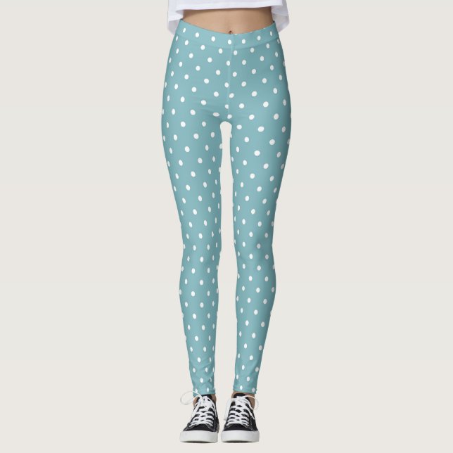 Legging Azul-céu elegante com Bolinhas brancas pequenas (Frente)