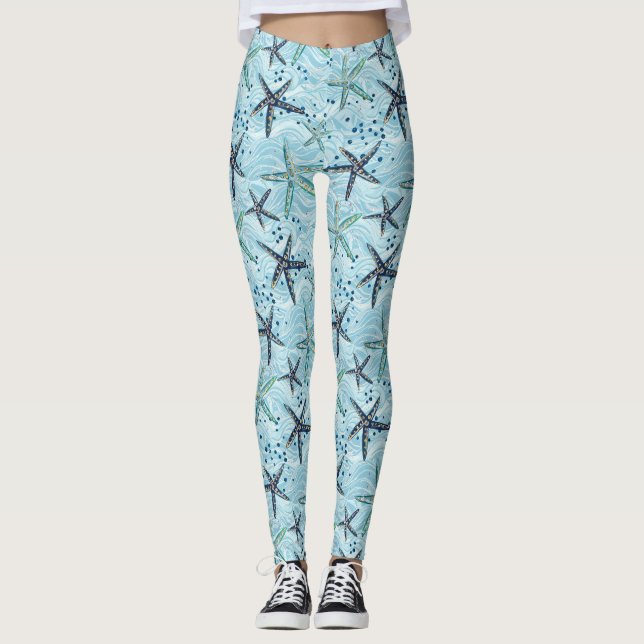 Legging Azul-claro e Starfish Dourado no padrão das ondas  (Frente)