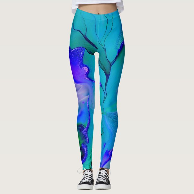 Legging Azul criativo por Abstrato acrílico, roxo e verde (Frente)