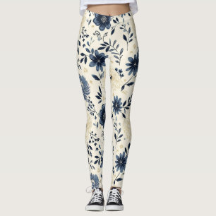 Legging Azul E Creme Arte Folclórica Floral Prado