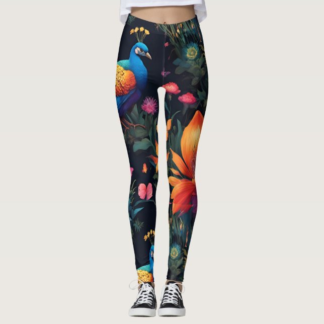 Legging Azul Elegante e Pavão Dourado no Jardim Colorido (Frente)