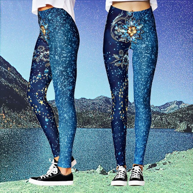 Legging Azul Espumante Ano Novo Estrelas de Brilho Festa F (Blue Sparkling New Year Glitter Stars Floral Party Leggings)