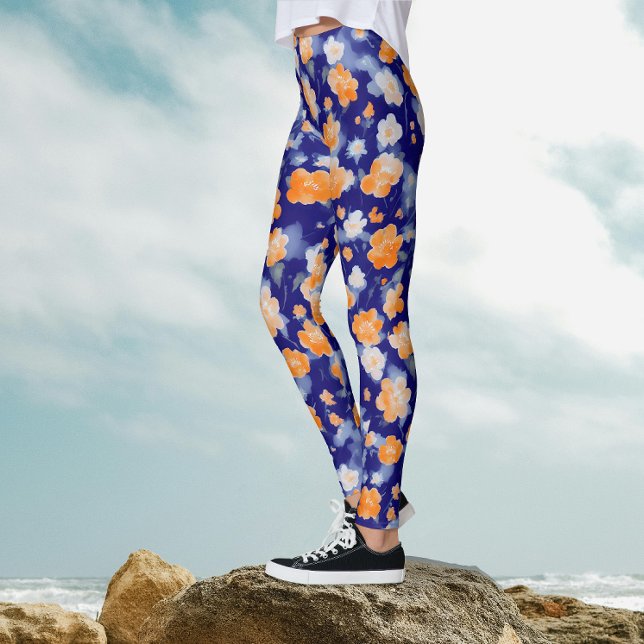 Legging Azul Feminino Moderno e Floral Água-Marinha Laranj (Criador carregado)
