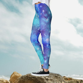 Legging Azul Frio Inverno Céu Floco de Neve Padrão Aquarel
