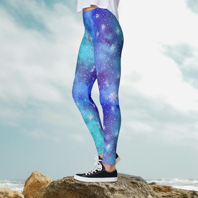 Legging Azul Frio Inverno Céu Floco de Neve Padrão Aquarel (Criador carregado)