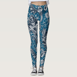 Legging Azul Marinho e Floral Branco Paisley Boêmio Boho