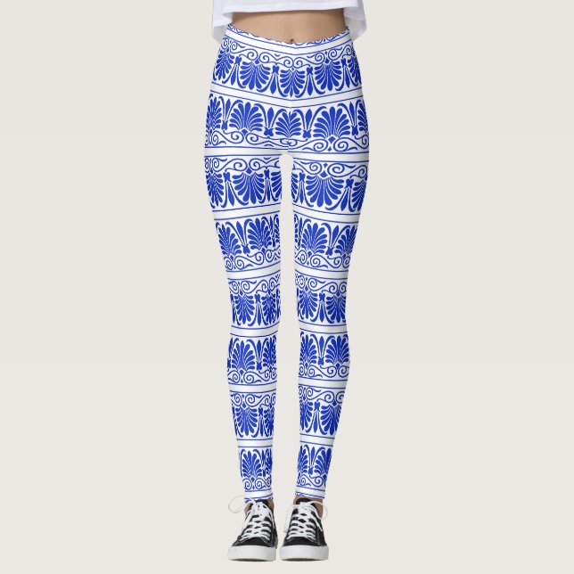 Legging Azul-padrão árabe mediterrânico grego (Frente)