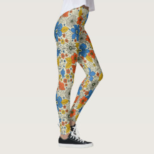 Legging Azul Retroativo, Amarelo e Laranja Floral