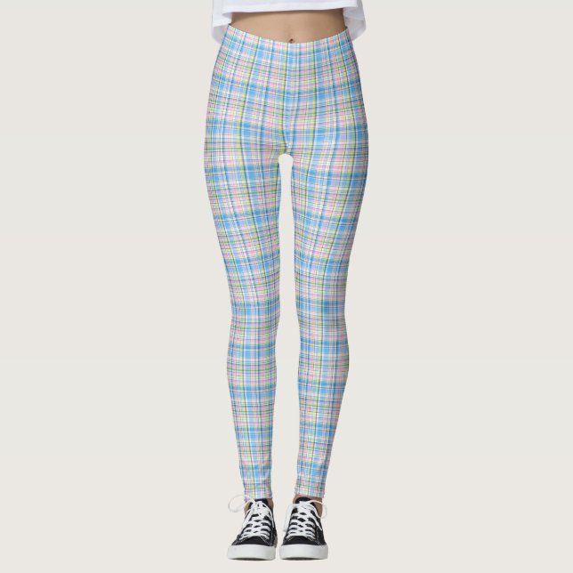 Legging Azul Rosa Amarelo Preppy Xadrez Madras Tartan (Frente)