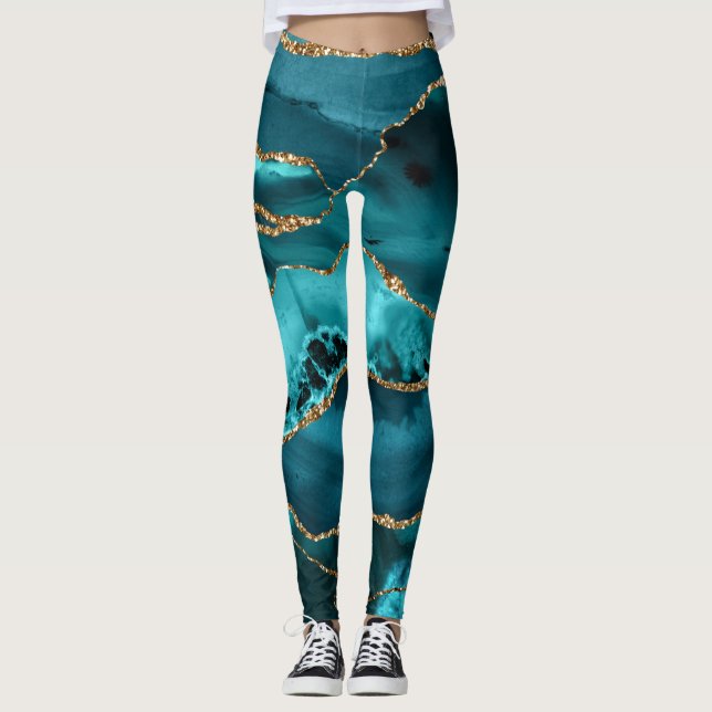 Legging Azul-Teal e Agato Dourado da Largura (Frente)