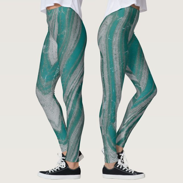Legging Azul-turquesa e Cinza Padrão Ondulado Chic Natural (Criador carregado)