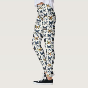 Legging Azul Vintage Branco Delft Borboleta Botânica