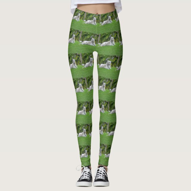 Legging Azulejo de Prado Verde do Tigre Branco Sorridente (Frente)