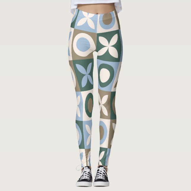 Legging Azulejo Geométrico Azul e Marrom Padrão de Mosaico (Frente)