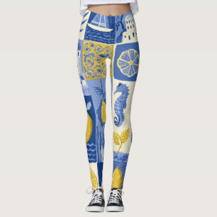 Legging Azulejo Mediterrâneo Padrão Costeiro de Limão
