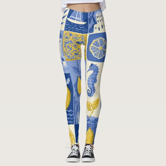 Legging Azulejo Mediterrâneo Padrão Costeiro de Limão (Frente)