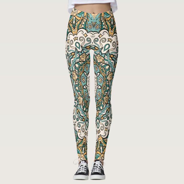 Legging Azulejo Mehndi Colorido Tracery Perfeito (Frente)