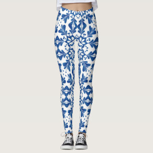 Legging Azulejos de padrão branco e azul do Indigo Azulejo