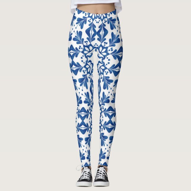 Legging Azulejos de padrão branco e azul do Indigo Azulejo (Frente)