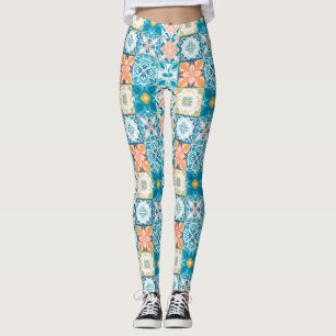Legging azulejos ornamentados em azul e laranja