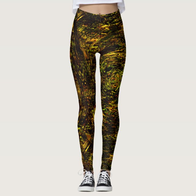Legging bandas abstrato curvas em verde ouro e mais escuro (Frente)