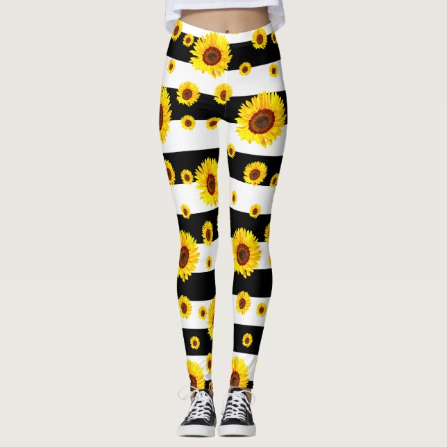 Legging Bandas Brancas Pretas Com Flor De Girassol (Frente)