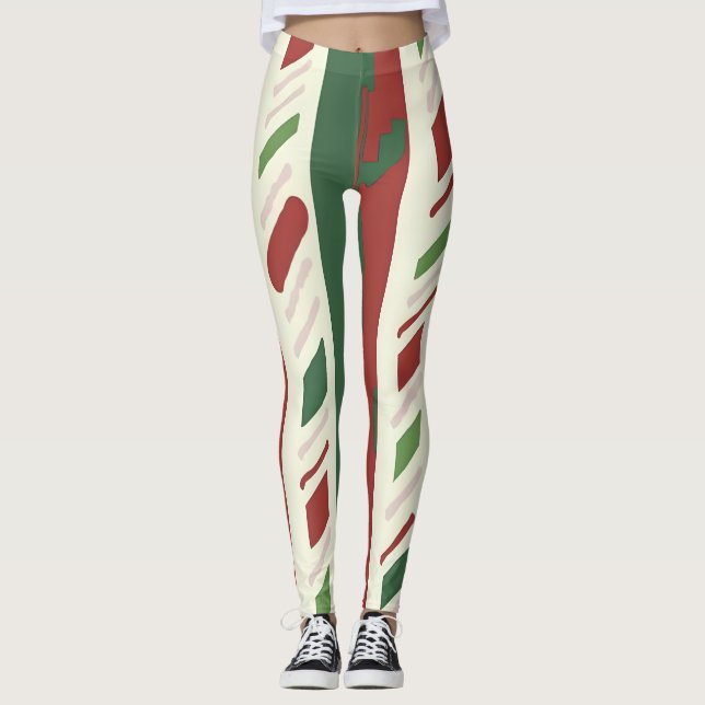 Legging Bandas de canas doces festivas em vermelho e verde (Frente)