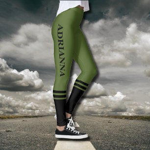 Legging Bandas Horizontais Pretas Nome Verde-oliva
