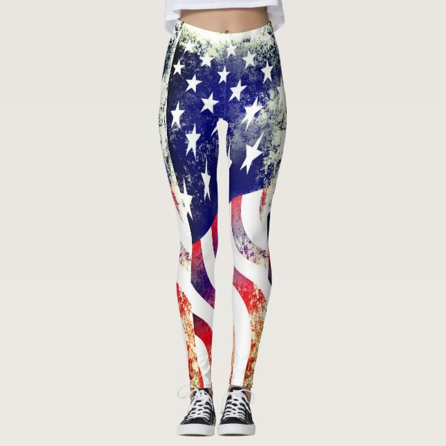 Legging Bandeira Patriótica Americana aflita Grunge (Frente)
