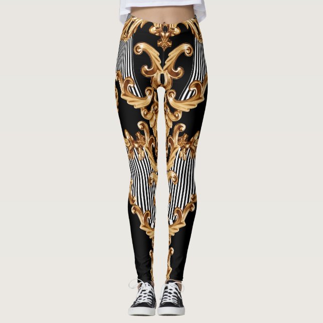 Legging Barroco ouro, design de ornamento intricado. (Frente)