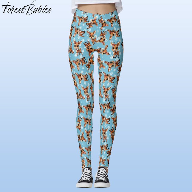 Legging Bebê, Fawn, Doe, Reindeer 🦌 Azul, Floco de Neve (Cute Baby Floral Deer, Fawn, Doe Lover, Reindeer Antlers, Snowflake Pattern, Blue Leggings 🦌 🎄)