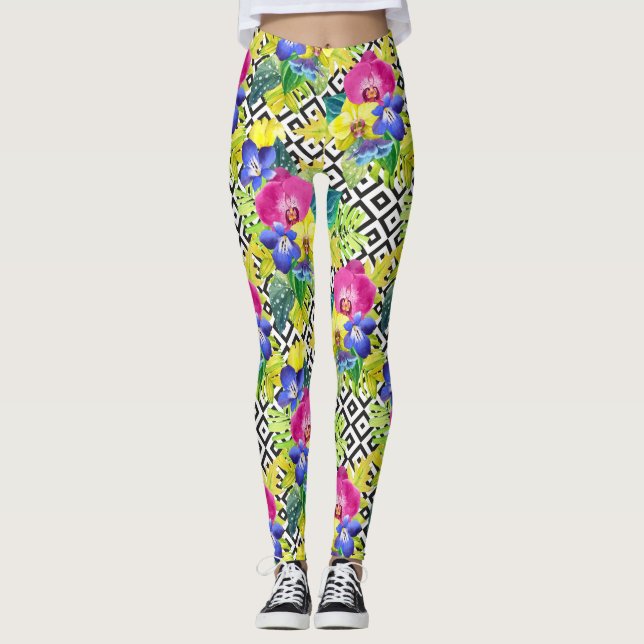 Legging Begónia e folhas de palmeira da orquídea (Frente)