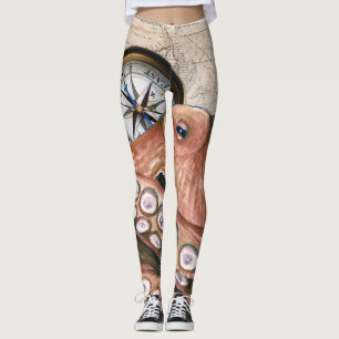 Legging Beige do Mapa da Vintagem do Octopus Vermelho