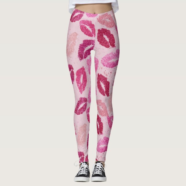 Legging Beijo de Batom Rosa Padrão Sem Costura (Frente)