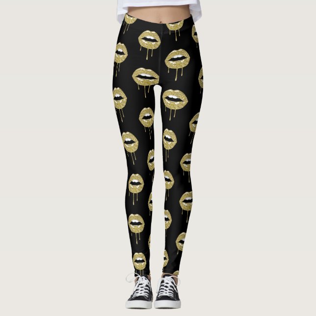 Legging Beleza Luxuosa Dourada Brilho Dourado Gotejante Lá (Frente)