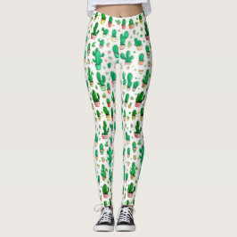 Legging Belo Padrão de Cacto Verde Suculento em Aquarela