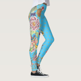 Legging Belo Turquesa Borboleta Floral Chinoiserie