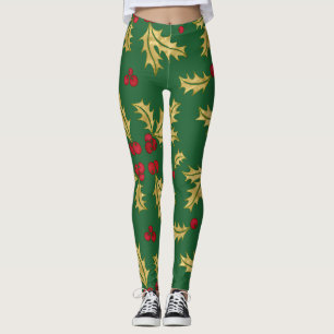 Legging Berries e Folhas Douradas e Vermelhas em Watercolo