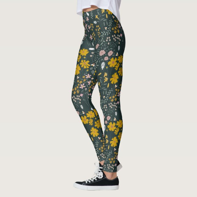 Legging Besouros Florais de Mostarda e Abelhas Flores Boêm (Esquerda)