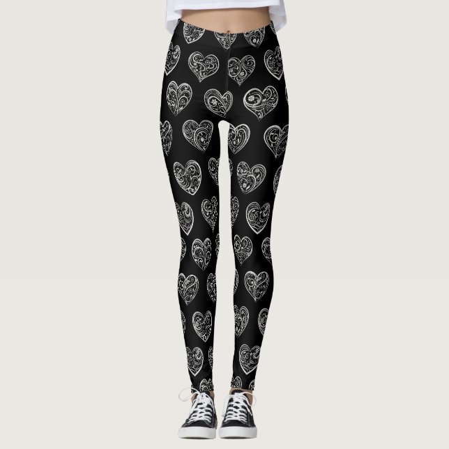 Legging Black and Silver Filigree Hearts (Frente)