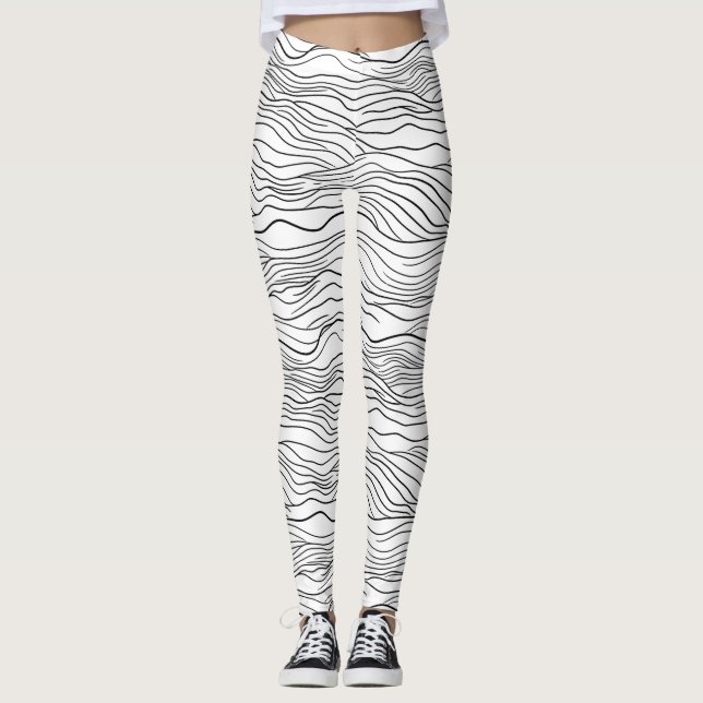 Legging Black and White Hand-Drawn Wavy Line Pattern (Frente)