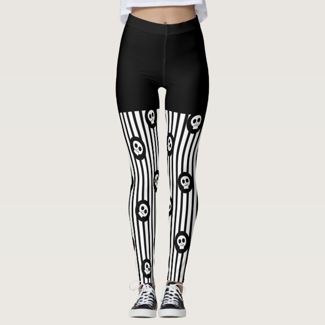 Legging Black & White Strips & Little Skulls Halloween (Frente)